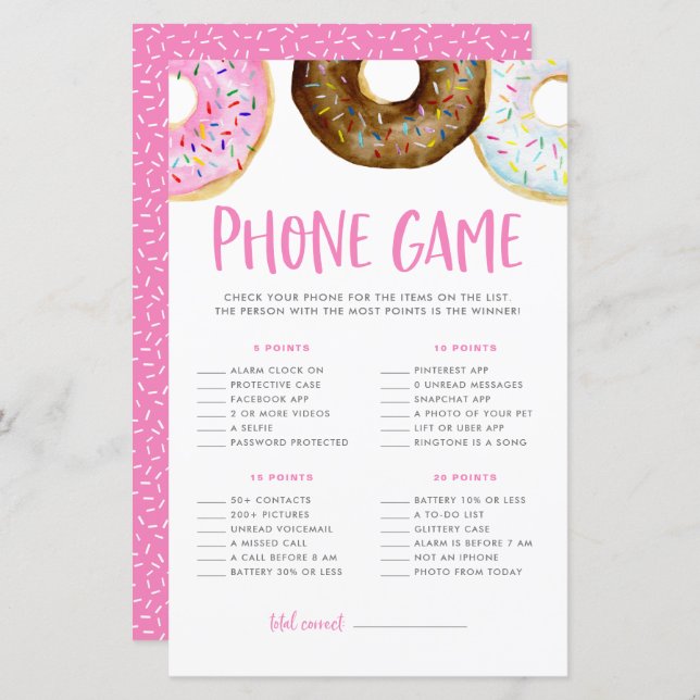 Pink and Chocolate Donuts Baby Shower Phone Game (Front/Back)