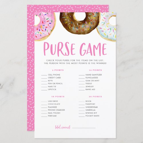 Pink and Chocolate Donuts Baby Shower Purse Game