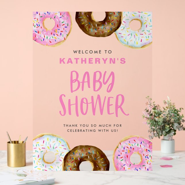 Pink and Chocolate Donuts Baby Shower Welcome Acrylic Sign (Wedding)