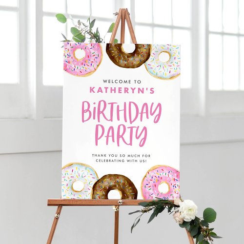Pink and Chocolate Donuts Birthday Party Welcome Poster