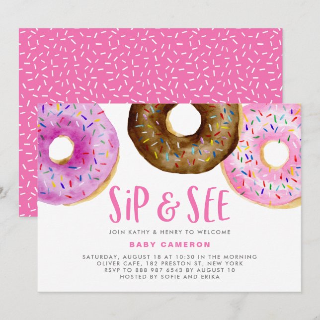 Pink and Chocolate Donuts Sprinkles Sip and See Invitation (Front/Back)