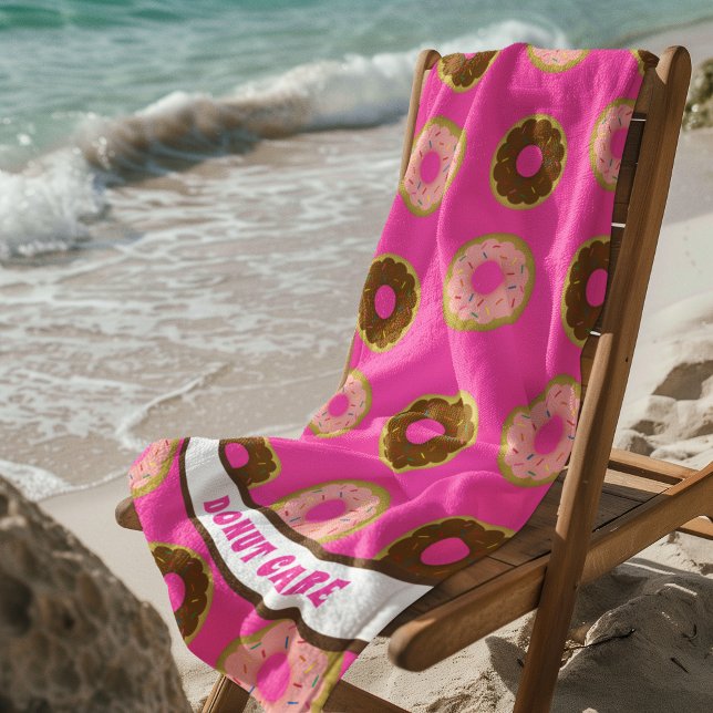 Pink and Chocolate Sprinkled Donut Care Pink Beach Towel (Creator Uploaded)