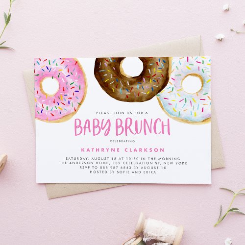 Pink and Chocolate Watercolor Donuts Baby Brunch Invitation