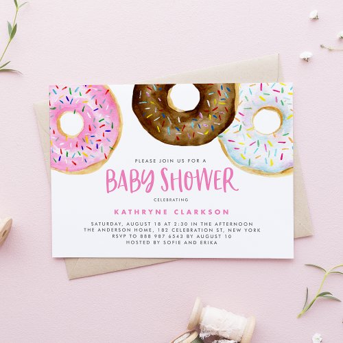 Pink and Chocolate Watercolor Donuts Baby Shower Invitation