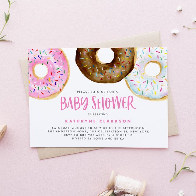 Pink and Chocolate Watercolor Donuts Baby Shower Invitation