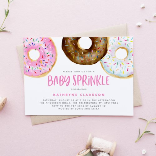 Pink and Chocolate Watercolor Donuts Baby Sprinkle Invitation