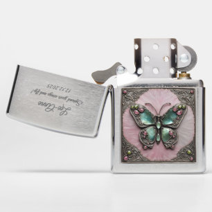 Pink and citrine stones Butterfly Metal Art Zippo Lighter