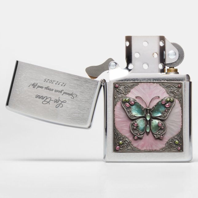 Pink and citrine stones Butterfly Metal Art Zippo Lighter (Opened)