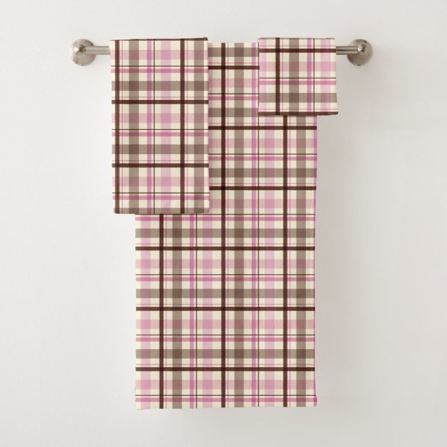 Pink and Coffee Plaid Tartan Bath Towel Set (Insitu)