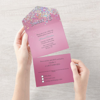 Pink and Confetti Sweet 16 All In One Invitation