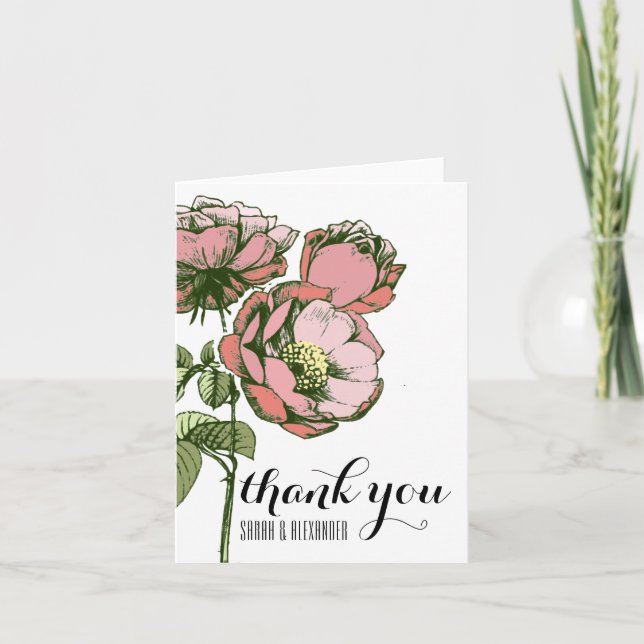 Pink and Coral Blooming Roses Thank You Notes (Front)