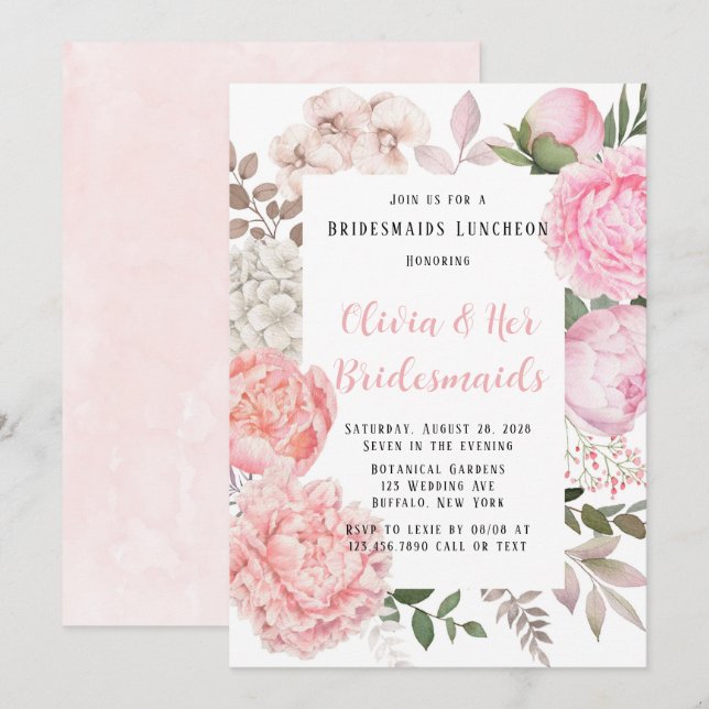 Pink and Coral Botanical Peony Bridesmaid Luncheon Invitation (Front/Back)