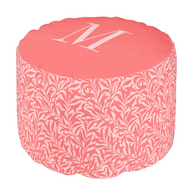 Pink and Coral Botanical Print Monogram Pouf (Angled Front)
