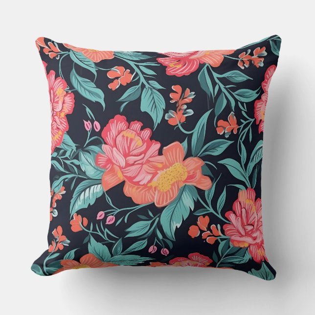 Pink and Coral Flowers Throw Pillow (Front)