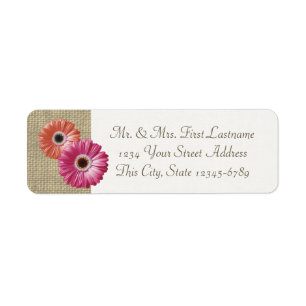 Pink and Coral Gerbera Daisy and Burlap Label