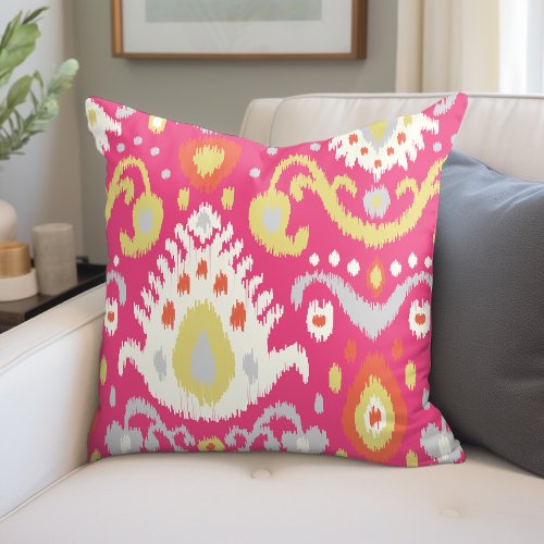 Pink and Coral Ikat Print Throw Pillow