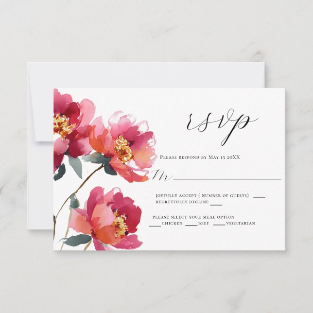 Pink and coral peony Wedding RSVP Card (Front)