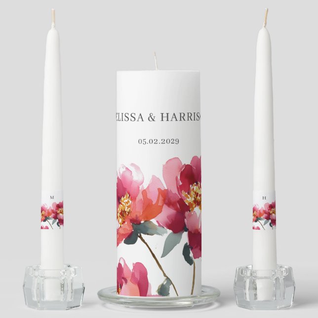 Pink and Coral Peony Wedding Unity Candle Set (Front)