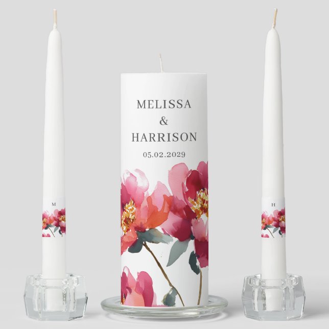 Pink and Coral Peony Wedding Unity Candle Set (Front)