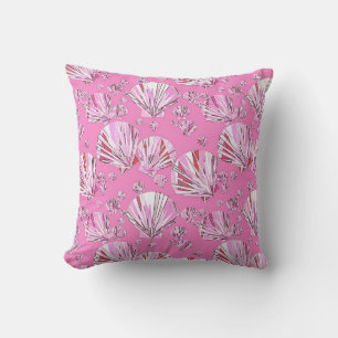 Pink and coral sea shells, orchid pink background throw pillow