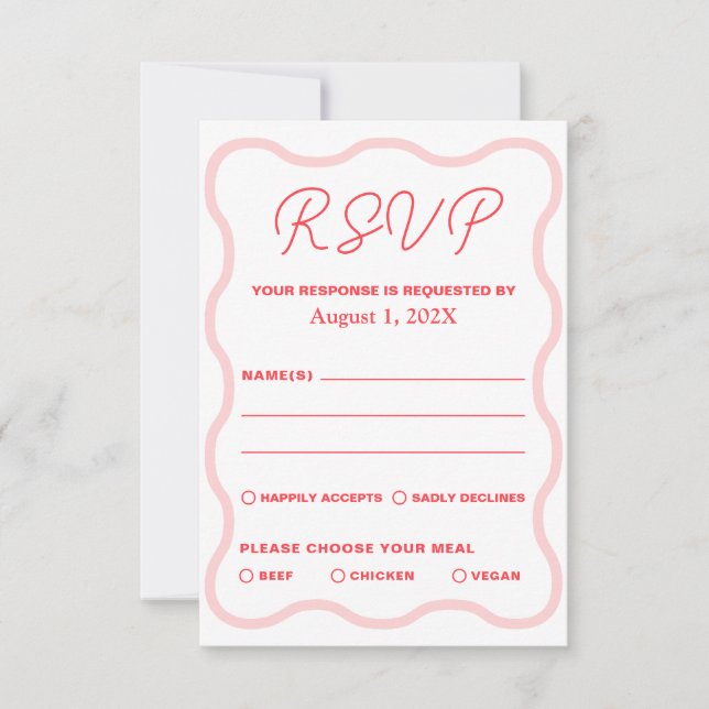 Pink and Coral Wavy Retro Wedding RSVP Card (Front)