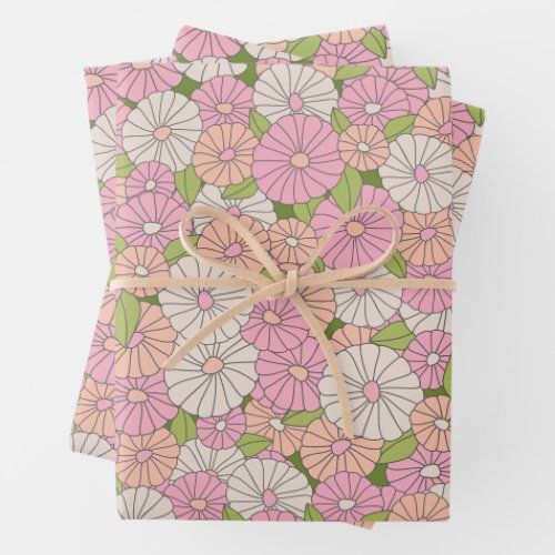 Pink and Coral Whimsical Boho Flowers Wrapping Paper Sheets