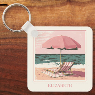 Pink and Cream Beach Chair and Umbrella Keychain
