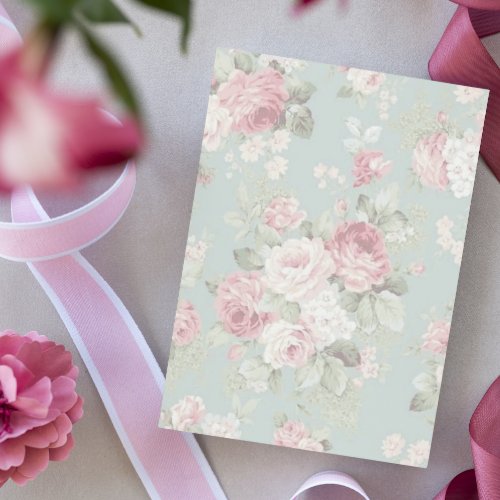 Pink and cream cabbage roses on aqua letterhead