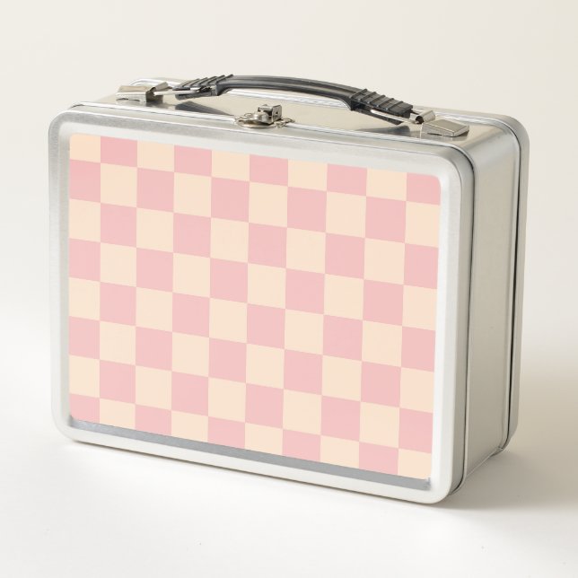 Pink and Cream Checkerboard Metal Lunch Box (Front)