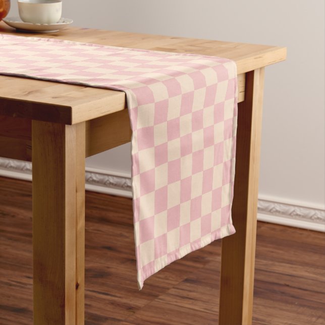 Pink and Cream Checkerboard Short Table Runner (In Situ)