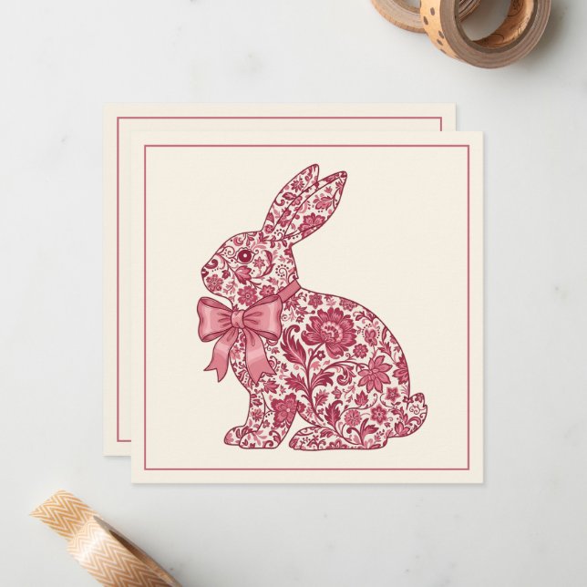 Pink and Cream Chinoiserie Easter Rabbit Note Card (Front/Back In Situ)