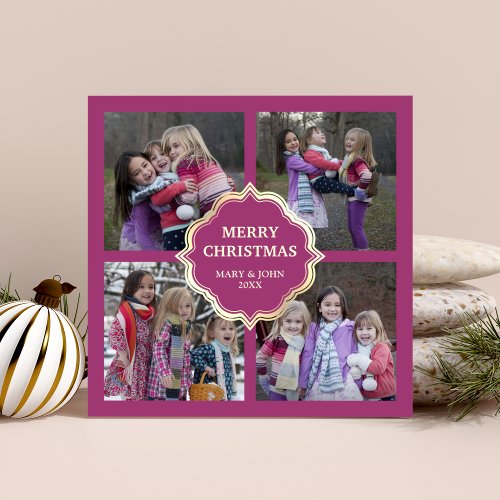 Pink and Cream Christmas 4 Square Photos Collage Holiday Card