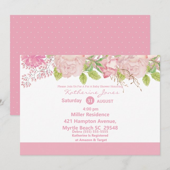 Pink and Cream Floral Baby Shower Invitation (Front/Back)