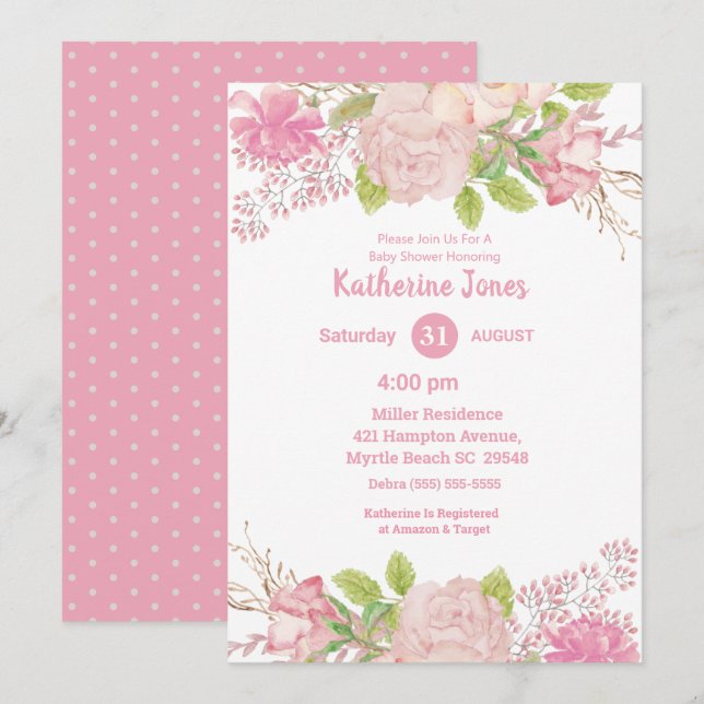 Pink and Cream Floral Baby Shower Invitation (Front/Back)