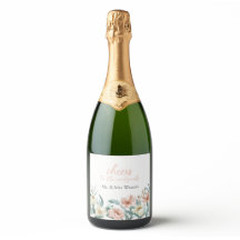 Pink and cream floral wine label design newlyweds