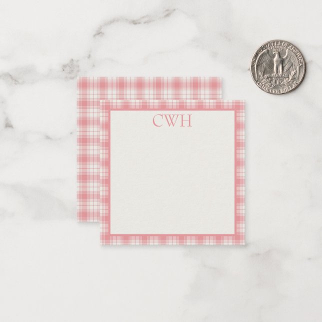 Pink and Cream Gingham Plaid Tartan Monogram Note Card (Front/Back In Situ)