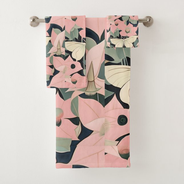 Pink and Cream - Luna Moth and Moonflowers   Bath Towel Set (Insitu)