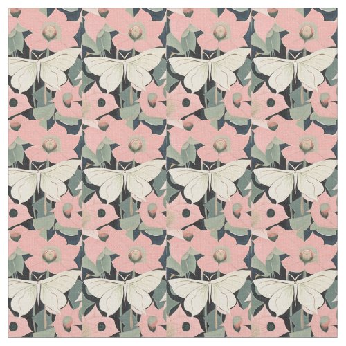 Pink and Cream _ Luna Moth and Moonflowers   Fabric