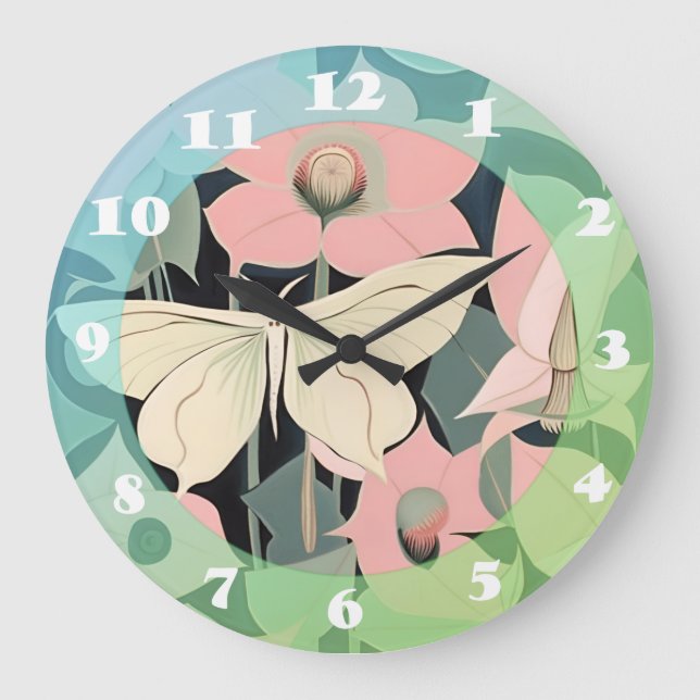 Pink and Cream - Luna Moth and Moonflowers   Large Clock (Front)
