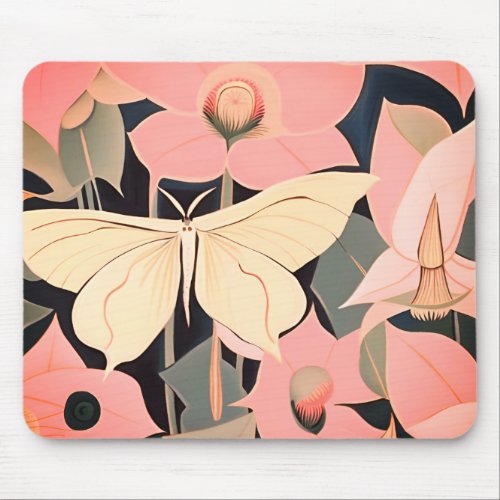 Pink and Cream _ Luna Moth and Moonflowers   Mouse Pad