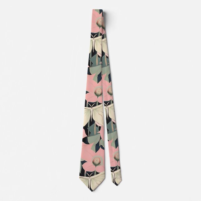 Pink and Cream - Luna Moth and Moonflowers   Neck Tie (Front)