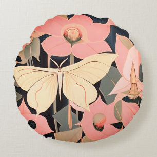 Pink and Cream - Luna Moth and Moonflowers   Round Pillow