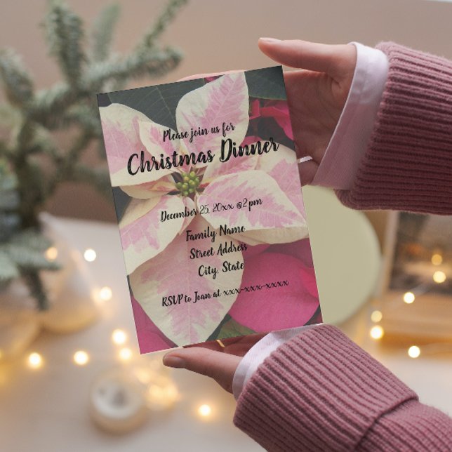 Pink and Cream Marble Poinsettia Christmas Dinner Invitation (In Situ)