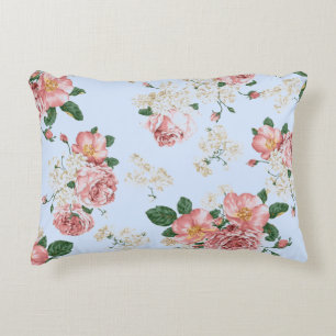 Pink and Cream on Blue Vintage Floral    Accent Pillow