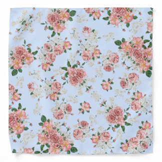 Pink and Cream on Blue Vintage Floral Bandana