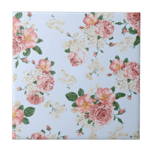 Pink and Cream on Blue Vintage Floral Ceramic Tile