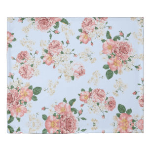 Pink and Cream on Blue Vintage Floral    Duvet Cover