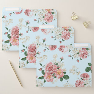 Pink and Cream on Blue Vintage Floral    File Folder