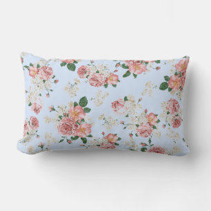 Pink and Cream on Blue Vintage Floral Lumbar Pillow