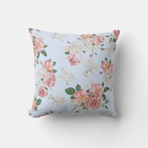 Pink and Cream on Blue Vintage Floral    Outdoor Pillow